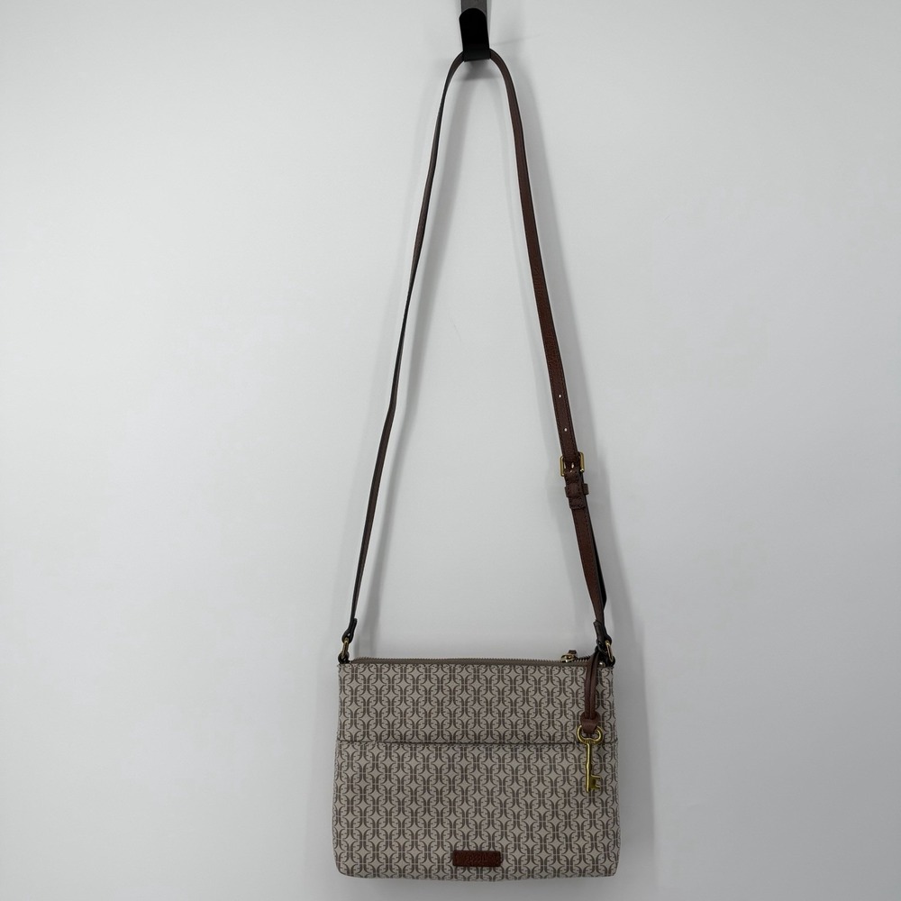 Fossil Fiona Crossbody‎ Bag Purse Satchel Brown Cream Floral Boho - Picture 2 of 14